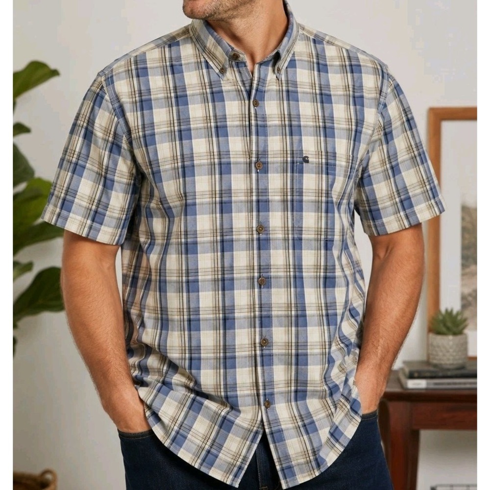 Carhartt XL Relaxed Fit Plaid Short Sleeve Button Up Shirt Cotton Blue Beige
